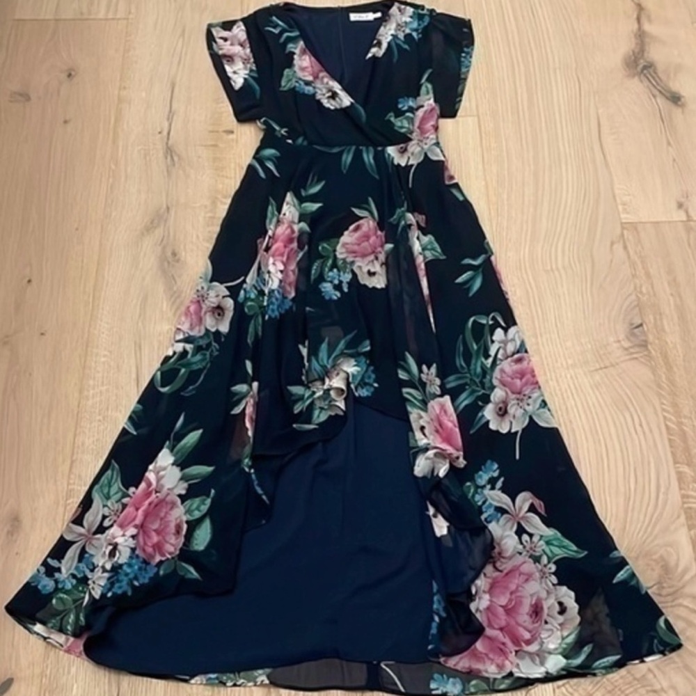 Elisa J Floral high low Maxi Dress with Pink and Green Accents
